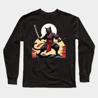 Midnight Guardian: Stealthy Black Cat Ninja Long Sleeve T-Shirt